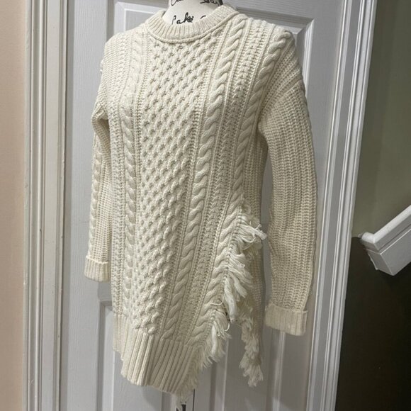 J.CREW SWEATER FISHERMEN CABLE KNIT FRINGE CHUNKY TAN SZ XS OVERSIZED AESTHETIC - Picture 9 of 14